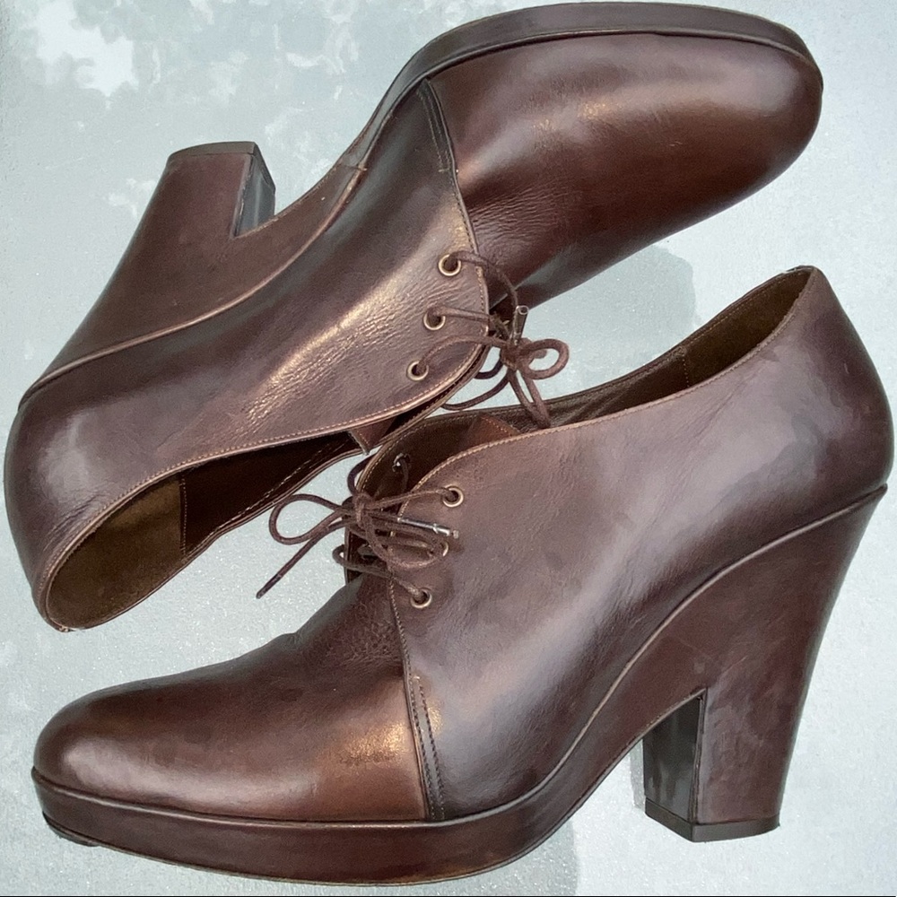 DKNY Brown Leather Platform Booties Italy size 9 Wedge Heel Victorian Steampunk